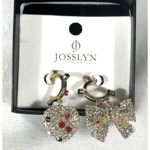 Josslyn Company Crystal Heart & Bow Earrings Gold Tone Holiday Dangle NIB